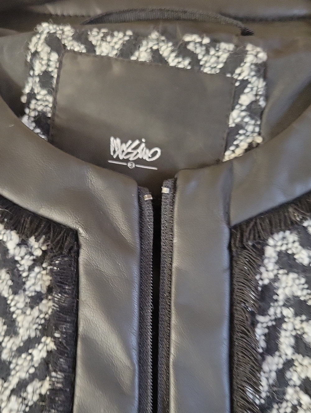Black Tweed Jacket with Faux Leather Trim by Missino